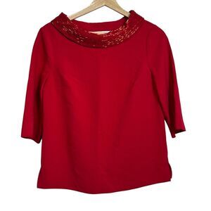 Trina Turk red Short-Sleeve Folded Collar Top beaded XS